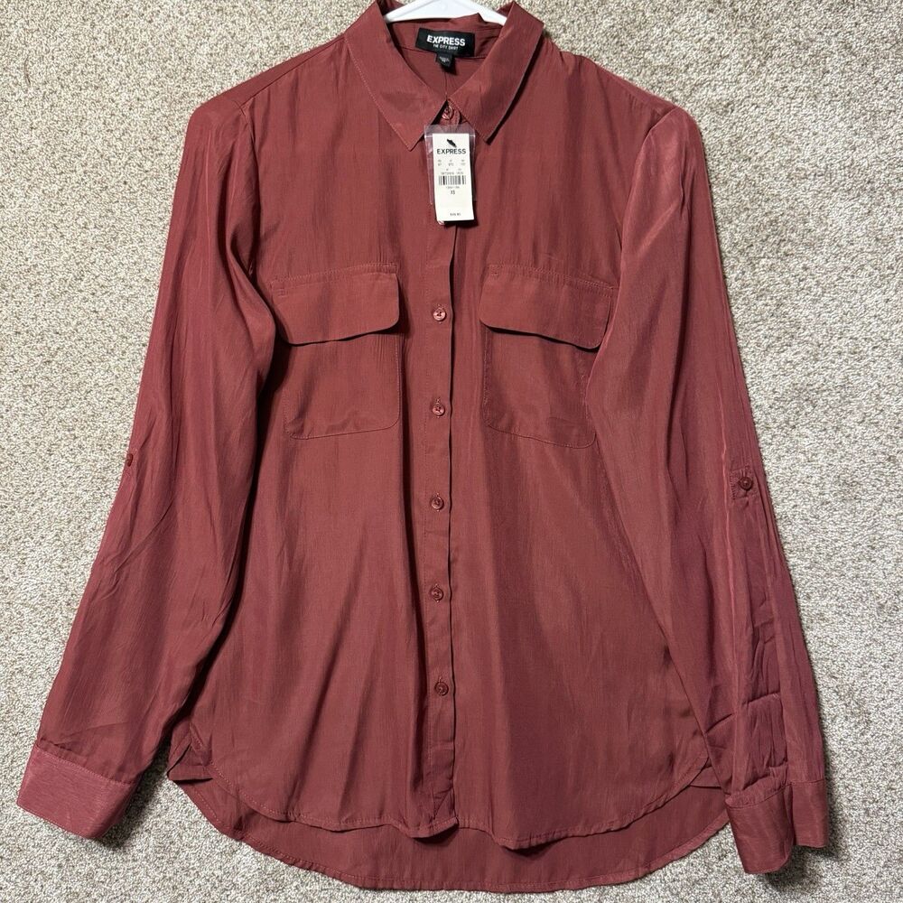 Express The City Shirt Blouse Pocket Roll Sleeve XS Terracotta Rust Red NWT